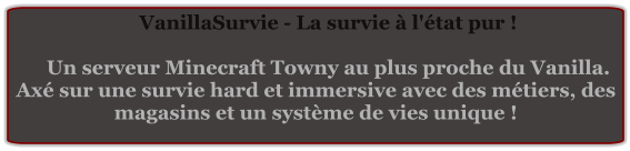 VanillaSurvie - La survie à l'état pur !  Un serveur Minecraft Towny au plus proche du Vanilla. Axé sur une survie hard et immersive avec des métiers, des magasins et un système de vies unique !